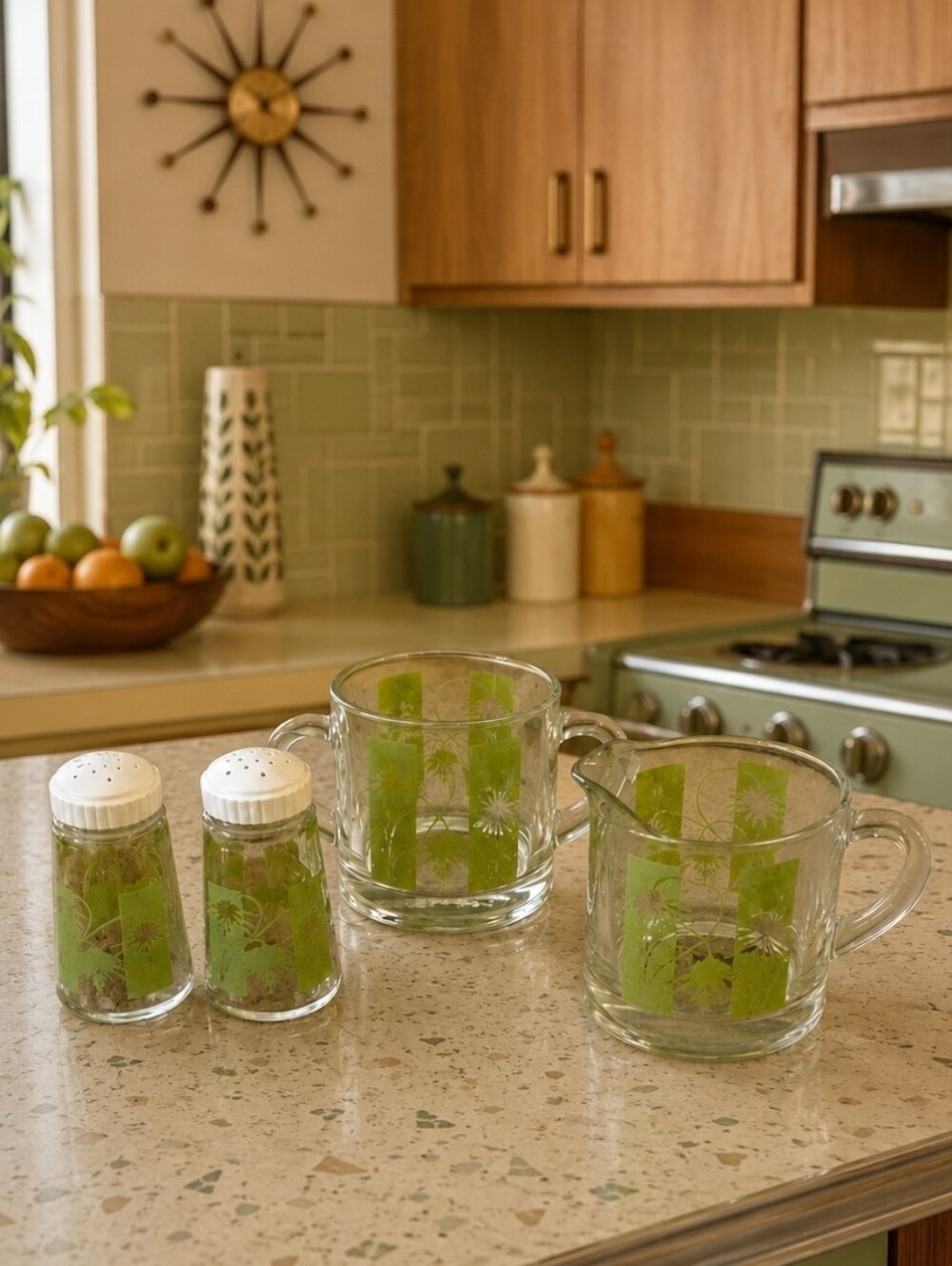 MCM 4 Pieces Glass Sugar Creamer Salt & Pepper EUC Green Accents Mid Century Mod